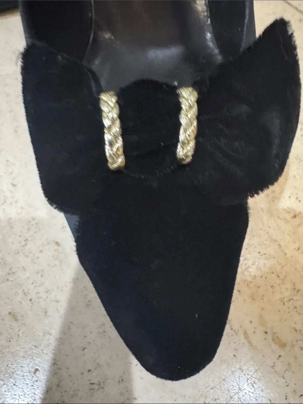 Evan Picone Black Velvet Pointed Pumps with Bow and Gold Rope
